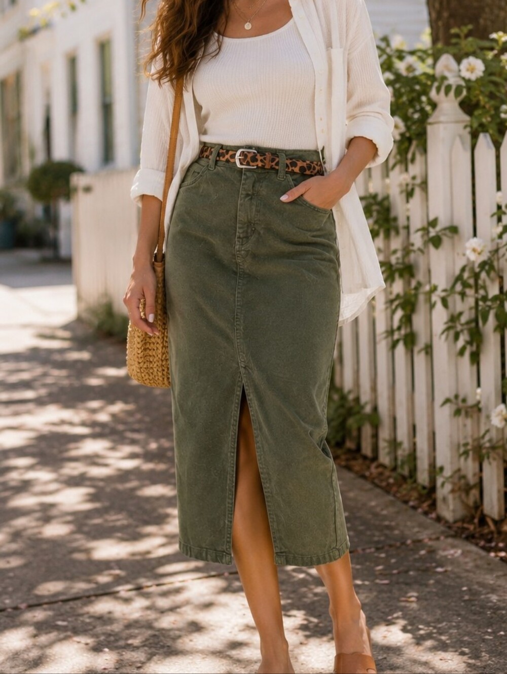 NWT Marie La Lune Olive Green Corduroy Pencil Midi Skirt Leopard Print Belt Boho